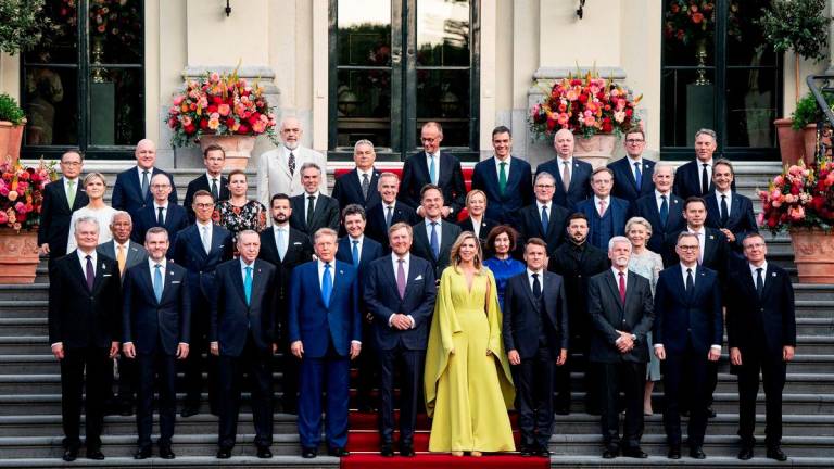 President Donald Trump, along with the King Willem-Alexander and Queen Maxima of the Netherlands, poses for a family photo as he participates in the 2025 NATO summit in The Hague, Netherlands, June 24, 2025. - REUTERSPIX