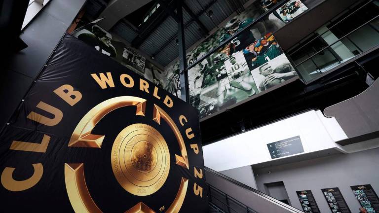 A FIFA Club World Cup sign is pictured inside the Lincoln Financial Field stadium in Philadelphia on June 13, 2025, ahead of the FIFA Club World Cup. AFPpix