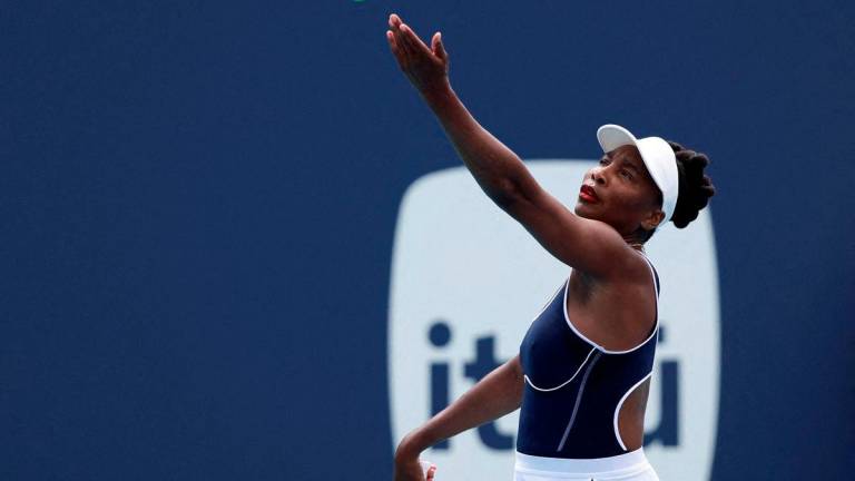 Venus Williams (USA) serves against Diana Shnaider (not pictured) on day two of the Miami Open at Hard Rock Stadium. Photo Credit: Geoff Burke-USA TODAY Sports/File Photo- REUTERS