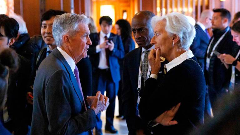 Jerome Powell (L), Chair of the US Federal Reserve, speaks with Christine Lagarde (R), President of the European Central Bank during the G7 Finance Ministers and Central Bank Governors’ Meeting in Banff, Alberta, Canada, on May 20, 2025. AFPpix