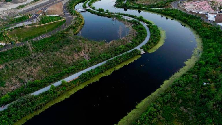 An aerial view of the Don River in the newly unveiled Biidaasige Park, part of Toronto’s Port Lands Flood Protection Project, in Toronto, Ontario, Canada, on July 18, 2025. - Cole BURSTON / AFP