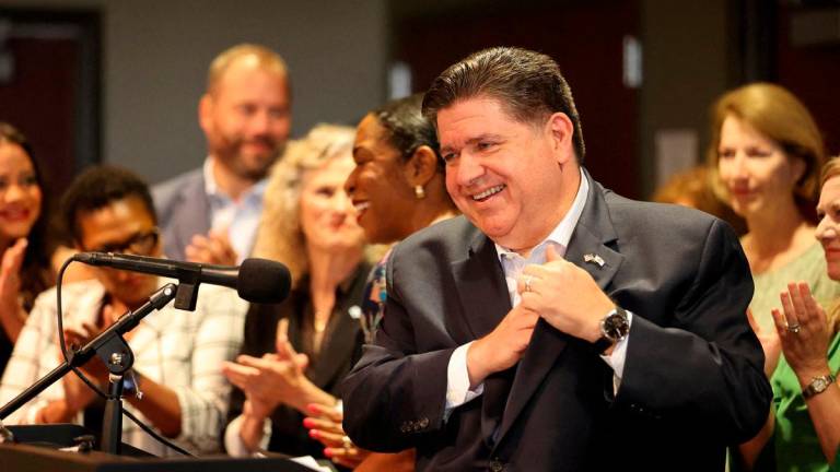 Illinois Governor JB Pritzker attends a news conference held by Texas Democratic lawmakers after leaving the state to deny Republicans the quorum needed to redraw Texas’ 38 congressional districts, in Aurora, Illinois. Reuterspix
