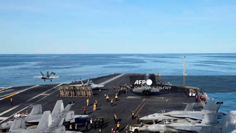 F-18E fighter jet take off from aircraft carrier USS Gerald R. Ford as it sails during NATO Neptune Strike 2025 exercise on September 24, 2025 in the North Sea. - AFP