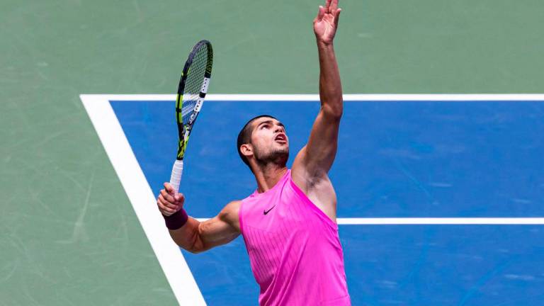 Carlos Alcaraz of Spain in action against Jiri Lehecka of Czech Republic in the quarterfinal of the men’s singles at the US Open at Arthur Ashe Stadium in Billie Jean King National Tennis Center. - Mike Frey-Imagn Images/REUTERSPIX