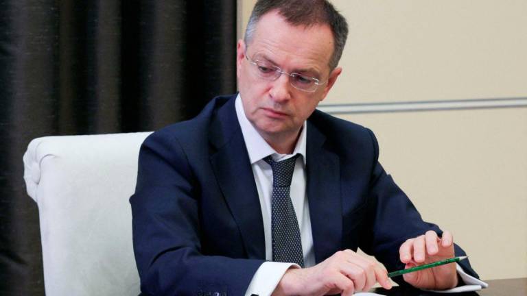 In this pool photograph distributed by the Russian state agency Sputnik, Kremlin aide Vladimir Medinsky attends a meeting on Russia's language policy chaired by Russia's President via a videoconference at the Novo-Ogaryovo state residence, outside Moscow, on June 5, 2025. (Photo by Gavriil Grigorov / POOL / AFP)