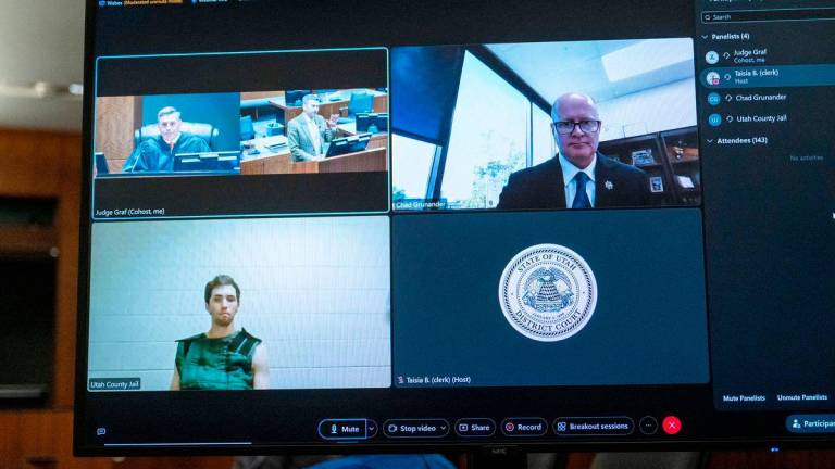 Tyler Robinson, 22, the suspect in the shooting death of Charlie Kirk, appears by camera before Judge Tony Graf in Utah’s 4th District Court on Tuesday, Sept. 16, 2025, for his initial appearance in Provo, Utah. Scott G Winterton/Pool via Reuters