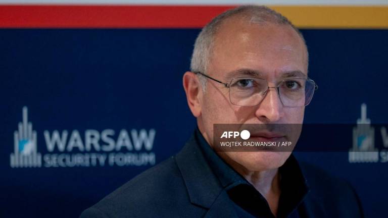Exiled Russian former oligarch and now opposition figure Mikhail Khodorkovsky poses for a photo after an AFP interview at the Warsaw Security Forum in Warsaw, Poland on October 2, 2024. - AFPPIX