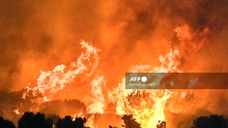a wildfire burning a forest near the city of Patras on August 12, 2025. (Photo by EUROKINISSI / Eurokinissi / AFP)