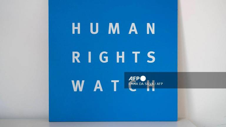The logo of Human Rights Watch (HRW). - Emma DA SILVA / AFP