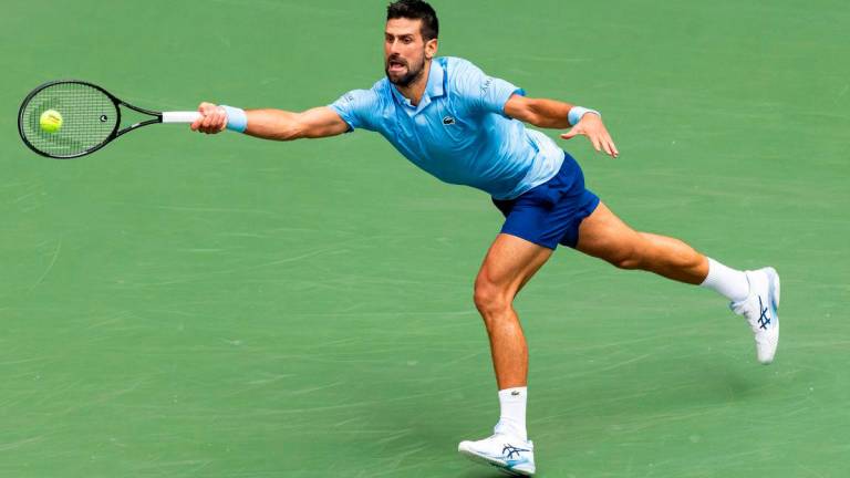 Novak Djokovic of Serbia in action against Carlos Alcaraz of Spain in the semifinal of the men’s singles at the US Open at Arthur Ashe Stadium in Billie Jean King National Tennis Center. Mike Frey-Imagn Images