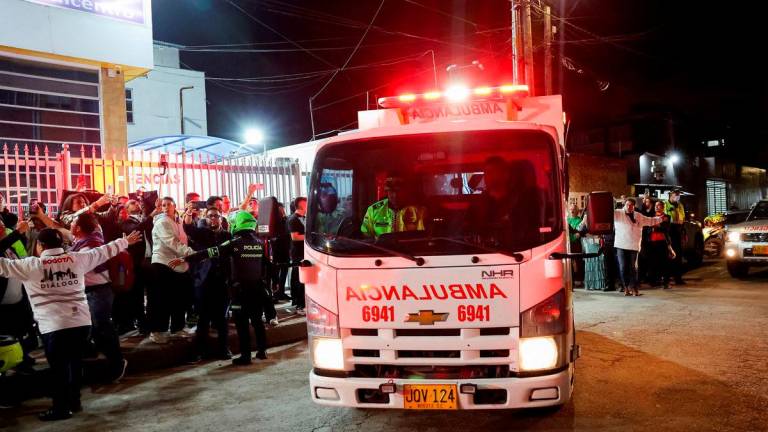 An ambulance in which Colombian Senator Miguel Uribe Turbay of the opposition Democratic Center party is transported to another hospital, after he was shot during a campaign event, leaves a hospital, in Bogota, Colombia, June 7, 2025. REUTERS