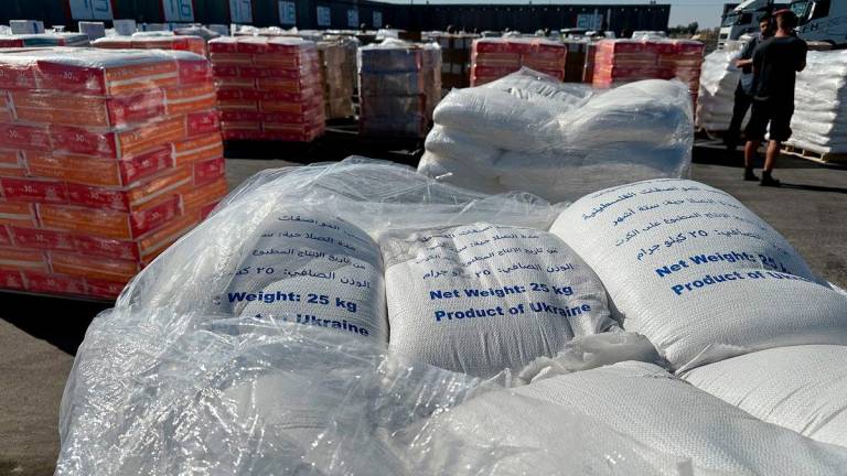 FILE PHOTO: Supplies wait to be loaded on trucks to go into the Gaza Strip, at the Kerem Shalom crossing between Israel and Gaza, on its Israeli side, May 29, 2025. REUTERSpix