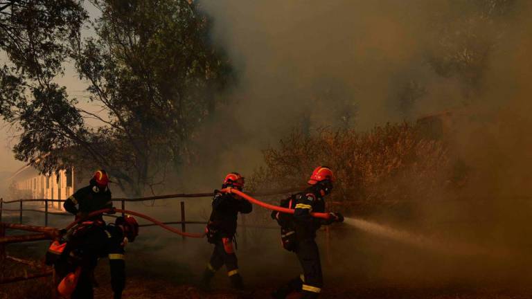 Firemen work to extinguish a wildfire in Palaia Fokaia. AFPPix