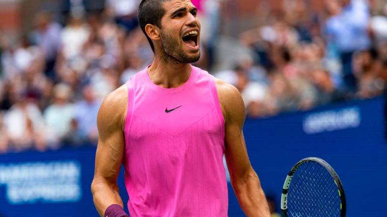 Carlos Alcaraz of Spain celebrates his victory over Novak Djokovic of Serbia in the semifinal of the men’s singles at the US Open at Arthur Ashe Stadium.Mike Frey-Imagn Images