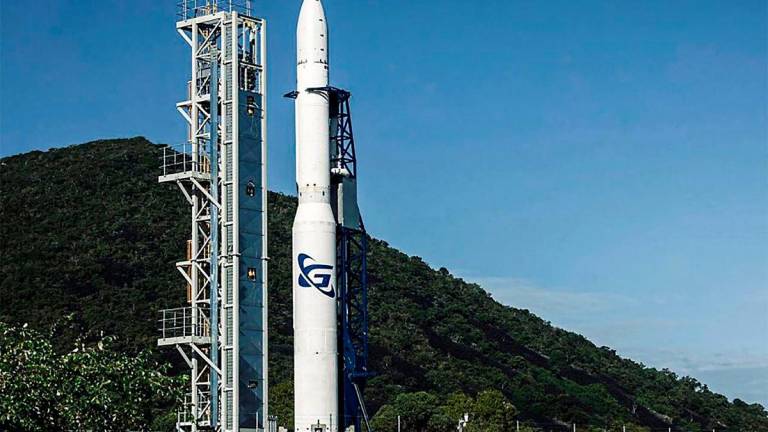 An undated handout photo released by Gilmour Space Technologies on May 14, 2025 shows a three-stage Eris rocket seen near Bowen, on the east coast of Australia. An Australian company says it aims to make the first orbital test launch of a locally-developed rocket on May 15, carrying a jar of Vegemite as its payload. AFPpix
