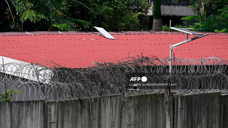 This photo taken on September 17, 2025 shows what appears to be a Starlink satellite dish on the roof of a building at the KK Park complex in Myanmar’s eastern Myawaddy township, as pictured from Mae Sot district in Thailand’s border province of Tak. - AFPpix