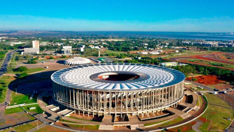 This aerial view shows the Arena BRB Mane Garrincha stadium in Brasilia on May 4, 2025.