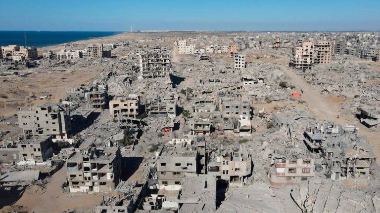 An aerial view shows the Al-Maqussi Towers district in northwestern Gaza City during a ceasefire between Israel and Palestinian factions after two years of war, on October 15, 2025. - AFPpix