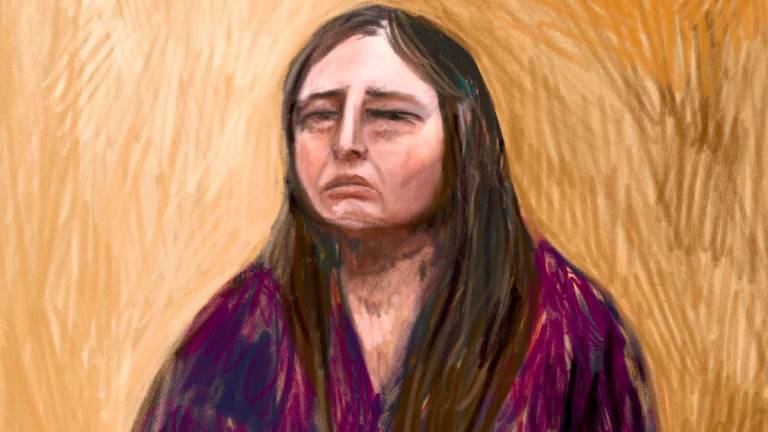 A handout court sketch drawn from a video link on June 2, 2025, and received on June 19, 2025, shows Erin Patterson, an Australian woman accused of murdering three people with a toxic mushroom-laced beef Wellington. - AFP PHOTO / ANITA LESTER/ LATROBE VALLEY LAW COURTS