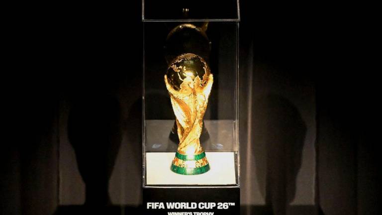 A view of the FIFA World Cup trophy during the unveiling of the countdown clock for the 2026 World Cup in Mexico City, on June 11, 2025 AFP