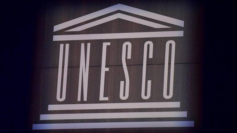 The logo of UNESCO. - JULIEN DE ROSA / POOL / AFP