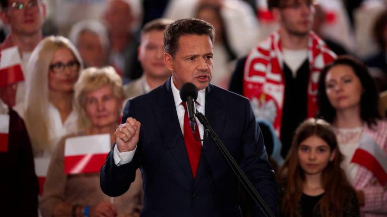 Warsaw Mayor Rafal Trzaskowski, the presidential candidate of the Civic Coalition reacts to exit polls for the first round of Poland's presidential election, in Sandomierz, Poland, May 18, 2025. - REUTERSPIX