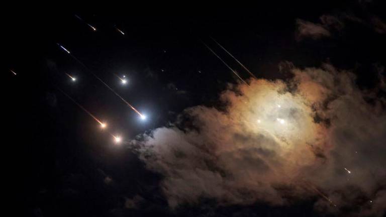 This picture shows projectiles being intercepted by Israel above Jerusalem on October 1 - AFPpix