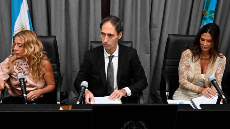 Judges Veronica Di Tommaso, Maximiliano Savarino and Julieta Makintach are seen during the trial for the death of late Argentine football legend Diego Maradona at the San Isidro court in San Isidro, Buenos Aires province, Argentina on March 11, 2025. AFPpix