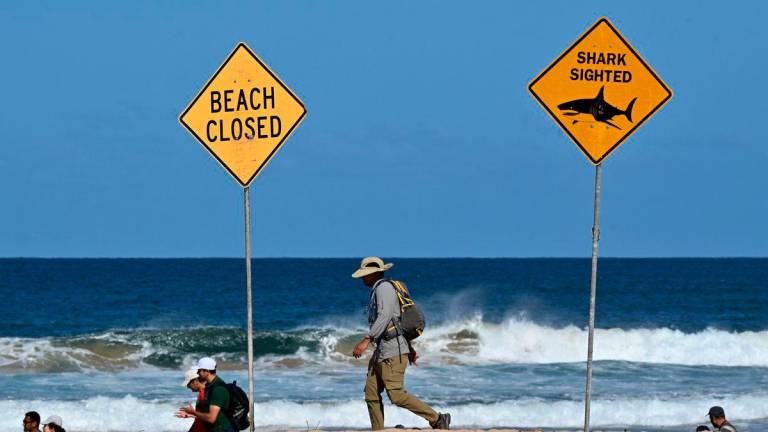 Residents walks along the shoreline as northern Sydney beaches are closed following a shark attack at Long Reef Beach on September 6, 2025. A suspected “large shark” mauled a surfer to death in a rare fatal attack off a Sydney beach on September 6, Australian police and rescuers said, leading to a string of beach closures.