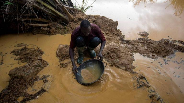 A Galamseyer, an illegal gold panner, washes the soil to check as he looks for speck of gold, in Kibi area, southern Ghana on April 11, 2017. - AFPpix