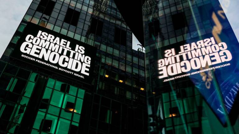 A billboard in Times Square displays the message “Israel is committing genocide” as part of the campaign by Game Over Israel calling for a boycott of Israel by national soccer federations over the war in Gaza, in New York City, U.S., September 16, 2025. Reuterspix