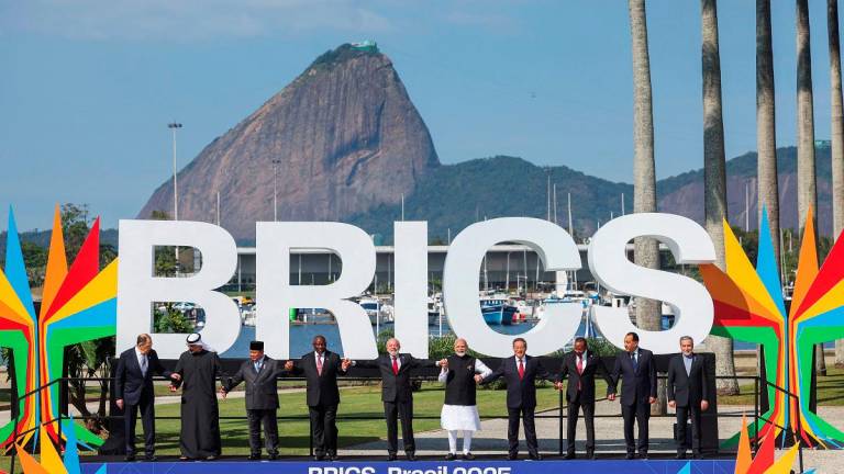 Brazil’s President Luiz Inacio Lula da Silva, China’s Premier Li Qiang, Russia’s Foreign Minister Sergei Lavrov, India’s Prime Minister Narendra  Modi, Indonesian President Prabowo Subianto, South Africa’s President Cyril Ramaphosa, Egypt’s Prime Minister Mostafa Madbouly, Ethiopia’s Prime Minister Abiy Ahmed Ali, Crown Prince of Abu Dhabi Sheikh Khaled bin Mohamed bin Zayed Al Nahyan, Iran’s Foreign Affairs Minister Seyed Abbas Araghchi pose for a family photo during the BRICS Summit in Rio de Janeiro, Brazil July 6, 2025. - REUTERSpix