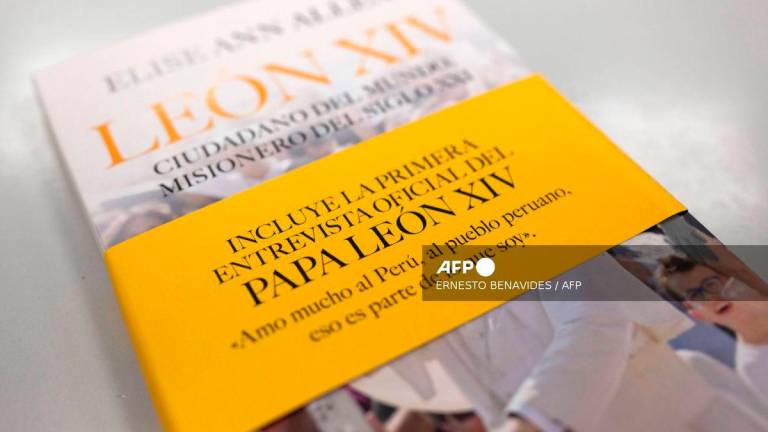 The book “Pope Leo XIV: Global Citizen, Missionary of the 21st Century” by US journalist Elise Ann Allen is seen on a table in Lima on September 16, 2025. (Photo by Ernesto BENAVIDES / AFP)
