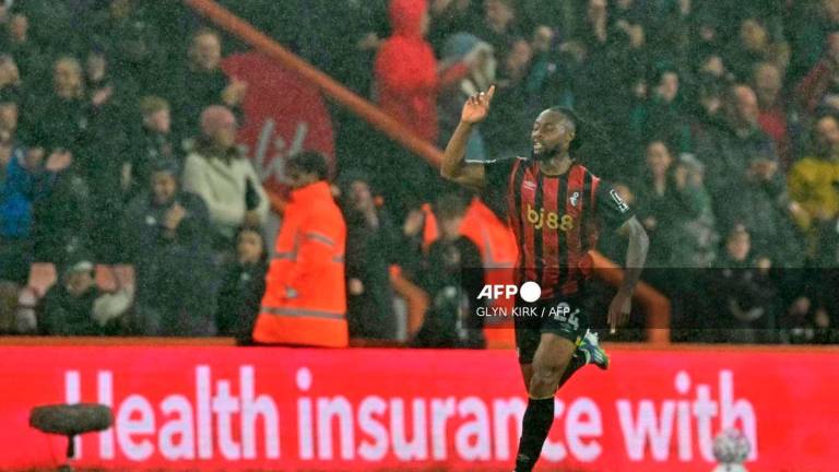 Bournemouth's Ghanaian striker #24 Antoine Semenyo celebrates scoring their first goal during the English Premier League football match between Bournemouth and Fulham at the Vitality Stadium in Bournemouth, southern England on October 3, 2025. - AFP