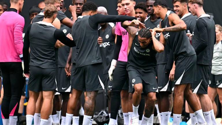 Chelsea’s Brazilian forward #20 Joao Pedro (C) laughs during a training session at the Harrison Stadium in East Rutherford, New Jersey - AFPPix