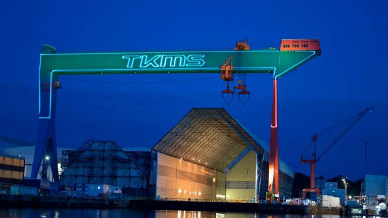 FILE PHOTO: A large gantry crane stands at the shipyard of Thyssenkrupp Marine Systems (TKMS). - REUTERSpix