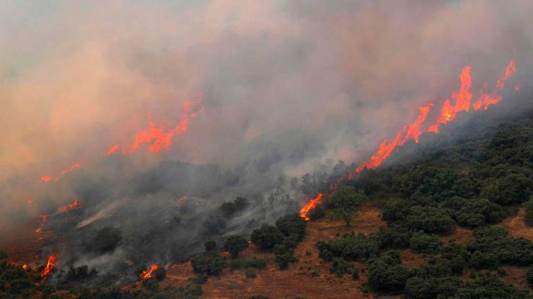 A wildfire burns in Castrillo de Cabrera, northwestern Spain, on August 16, 2025. Spain, now in its third week under a heatwave alert, is still battling wildfires raging in the northwest and west of the country, where the army has been deployed to help contain the blazes. The regions of Castilla y Leon, Galicia, Asturias and Extremadura remain the hardest hit. (Photo by Cesar Manso / AFP)
