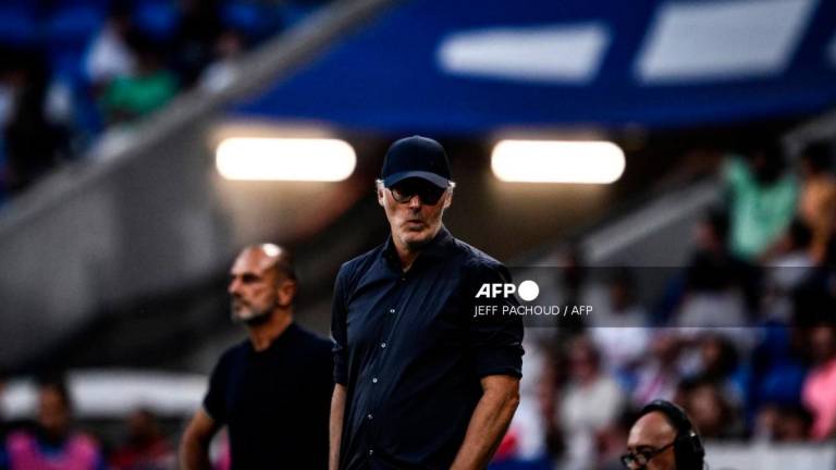 Laurent Blanc reacts during the French L1 football match between Olympique Lyonnais (OL) and Montpellier Herault Sport Club (Montpellier Herault SC) at The Groupama Stadium in Decines-Charpieu, central-eastern France on August 19, 2023. (Photo by JEFF PACHOUD / AFP)