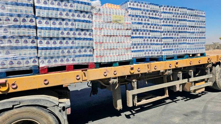A truck loaded with aid is seen at the Kerem Shalom crossing between Israel and Gaza, on its Israeli side in this handout image obtained by Reuters on May 20, 2025.. REUTERSpix