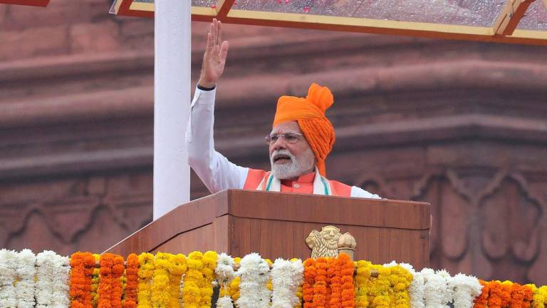 FILE PHOTO: India’s Prime Minister Narendra Modi addresses the nation during Independence Day celebrations at the historic Red Fort in Delhi, India, August 15, 2025. REUTERS/Altaf Hussain/File Photo