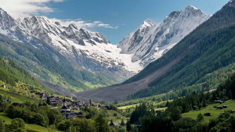 This photograph taken from Ferden shows a huge landslide next to the village of Wiler, on May 29, 2025, the day after the Birch Glacier collapsed and partially destroyed the small village of Blatten in the Swiss Alps. AFPpix