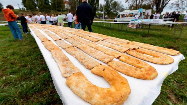 Seven rows of strudel on a table, during an attempt to set a Guinness World Record for the largest strudel in the world, in the village of Jeskovo near Karlovac, on September 6, 2025. With two tons of flower Croatia’s village on September 6, made it into the Guinness World Records with the mammoth three-kilometre (1.86-mile) long line of strudels, the world’s longest. The longest line of strudels achieved in the small village of Jaskovo consists of 8940 strudels measuring 3136,84 meters, announced Paulina Sapinska, a Guinness World Records adjudicator, after the measurement. (Photo by DAMIR SENCAR / AFP)