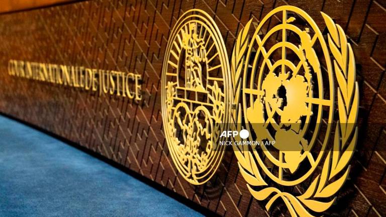 This photograph shows the International Court of Justice (ICJ) logo. - Nick Gammon / AFP