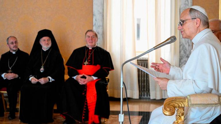 Pope Leo attends a meeting with participants of the Orthodox-Catholic Ecumenical Pilgrimage from the U.S., at the Vatican July 17, 2025. - Simone Risoluti/Vatican Media/­Handout via REUTERS