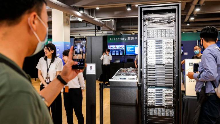 A Nvidia GB300 NVL72 is seen on display at the Foxconn, also known as Hon Hai Precision Industry, headquarters in New Taipei City on May 29, 2025. AFPpix