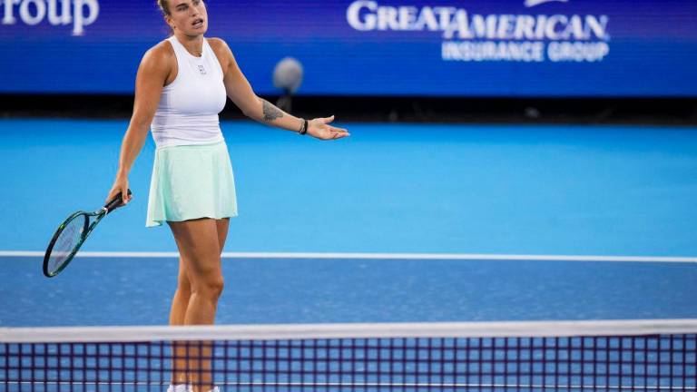 Aryna Sabalenka (BLR) reacts after returning a shot against Jessica Bouzas Maneiro (ESP) during the Cincinnati Open. Aaron Doster-Imagn Images