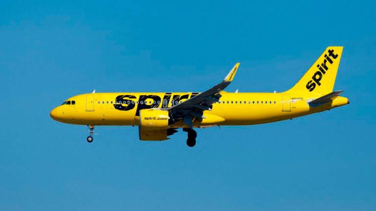 FILE PHOTO: A Spirit commercial airliner prepares to land at San Diego International Airport in San Diego, California, U.S., January 18, 2024. REUTERS/Mike Blake/File Photo
