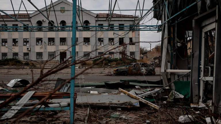 This handout photograph taken by the press service of the 24th Mechanized Brigade of Ukrainian Armed Forces on October 12, 2025 and released on October 14, 2025 shows destroyed buildings in the frontline town of Kostyantynivka, Donetsk region, amid the Russian invasion of Ukraine. - AFP PHOTO / OLEG PETRASIUK/ 24th Mechanized Brigade of Ukrainian Armed Forces