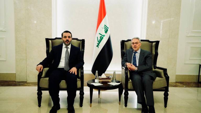 Iraqi Deputy Foreign Minister Mohammed Bahrululum meets with Syrian Foreign Minister Assad Hassan al-Shibani ahead of the 34th Arab League summit, in Baghdad, Iraq on May 16, 2025. REUTERSpix