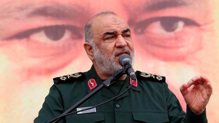 Head of Iran's Islamic Revolutionary Guard Corps (IRGC) Major Hossein Salami delivers a speech on December 28, 2023 during the funeral in Tehran of Razi Moussavi, a senior commander in the Quds Force of Iran's Islamic Revolutionary Guard Corps (IRGC) who was killed in an Israeli strike in Syria. Israel's attack on Iran on June 13, 2025 killed the country's powerful Revolutionary Guards chief Hossein Salami, local media reported. - AFPPIX